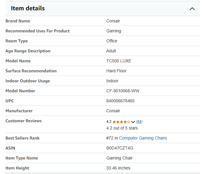 Corsair TC500 LUXE technical characteristics
